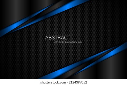 Abstract dark steel mesh background with blue and black polyhedron with space for design. Modern technology innovation concept background.
