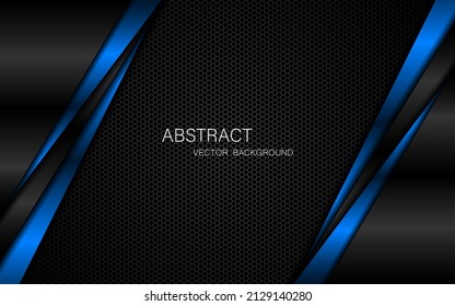 Abstract dark steel mesh background with blue and black polyhedron with space for design. Modern technology innovation concept background.
