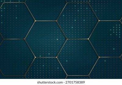 Fondo abstracto de color verde azulado oscuro con hexágonos de oro y puntos dorados. Anuncio de lujo. Ilustración vectorial