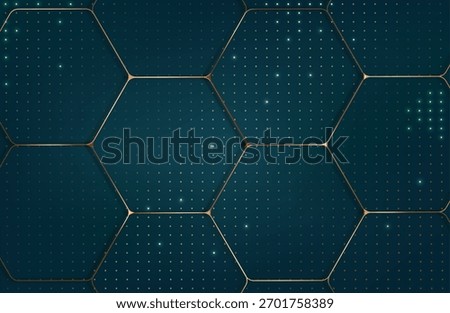 abstract dark teal background with gold hexagons and golden dots. luxury banner. vector illustration