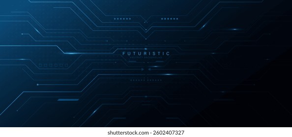 Abstract dark tech background with glowing blue circuit lines and digital elements