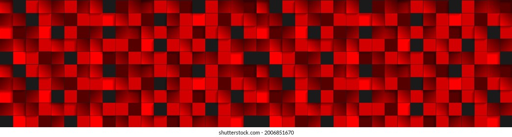 Abstract dark tech banner with red glossy mosaic squares pattern. Vector geometric background