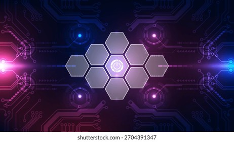 Abstract dark technology background with a central power icon in a hexagon surrounded by geometric circuit patterns and glowing neon lines in blue. Ideal for system activation hi-tech themes.
