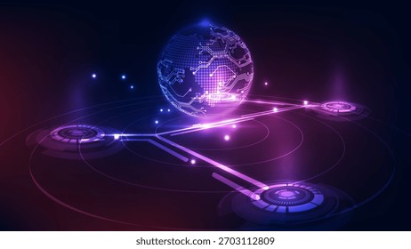 Abstract dark technology background featuring a global circuit board sphere connected to glowing user nodes by data lines. Symbolizes worldwide social networking, data exchange, and future AI.