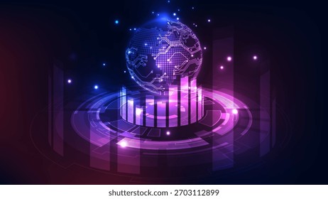 Abstract dark technology background featuring a central circuit board globe over a glowing bar chart and data rings in purple and blue neon. Symbolizes global market analysis, and big data management.