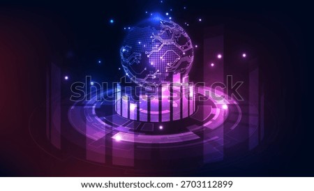 Abstract dark technology background featuring a central circuit board globe over a glowing bar chart and data rings in purple and blue neon. Symbolizes global market analysis, and big data management.