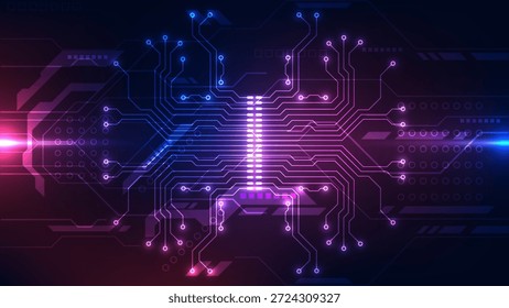 Abstract dark technology background with a symmetrical digital circuit board layout. Glowing neon purple and blue lines represent high-speed data processing and artificial intelligence concepts.