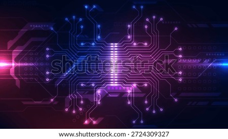Abstract dark technology background with a symmetrical digital circuit board layout. Glowing neon purple and blue lines represent high-speed data processing and artificial intelligence concepts.