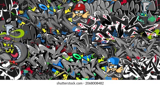 Abstract Dark Urban Graffiti Street Art Seamless Pattern. Vector Illustration Background Art