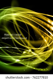 Abstract dark vector background . Stylish frame with green shiny fibers
