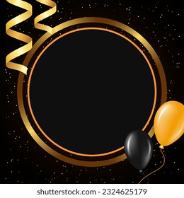 Abstract dark vector holiday background with golden round frame, balloons and ribbons
