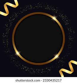 Abstract dark vector holiday background with golden round frame, dust and ribbons