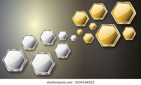 Fondo de pantalla oscuro abstracto. Objetos de conexión entre vidrio hexagonal plateado con vidrio hexagonal dorado