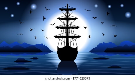 Abstract Dark Water Nature Background WIth Ship Birds And Moon Design Vector Style