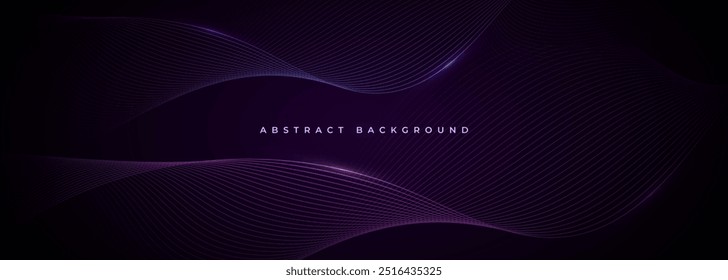Abstract dark wide banner background with glowing purple wavy lines. Vector illustration