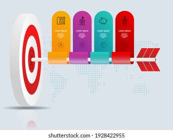 tablero de dartboard abstracto con infografía de 4 pasos con mapa mundial para el fondo de ilustraciones vectoriales de negocios y presentación