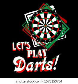 abstract darts target with text "let's play darts" in vintage style on black background