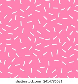 Abstract dash confetti pattern. Minimal seamless vector chaotic dashes pattern. White on pink.