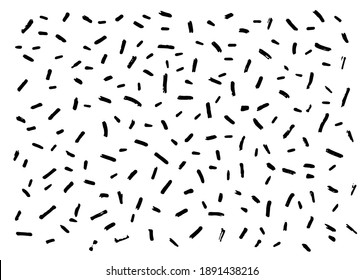 Abstract dash vector pattern, Memphis style background with small dashes, retro black and white texture. dashes of different lengths in different directions evenly distributed on a white background