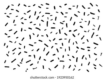 Abstract dash vector pattern, Memphis style background with small dashes, retro black and white texture. dashes of different lengths in different directions evenly distributed on a white background