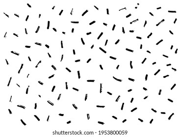 Abstract dash vector pattern, Memphis style background with small dashes, retro black and white texture. dashes of different lengths in different directions evenly distributed on a white background