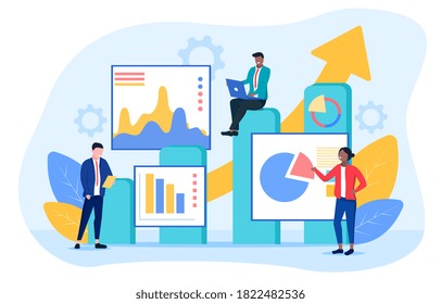 Abstract data analysis concept with diverse business team working on a laptop, studying documents and analyzing graphs and diagrams. Flat vector illustration