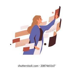 Abstract data analysis. Person work with systems and structures, analyze information. Business technology and workflow automation concept. Flat graphic vector illustration isolated on white background