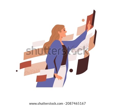 Abstract data analysis. Person work with systems and structures, analyze information. Business technology and workflow automation concept. Flat graphic vector illustration isolated on white background