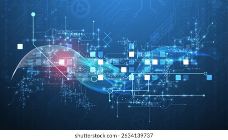 Fundo de dados abstrato com onda wireframe e linhas de circuito. Conceito de tecnologia. Vetor