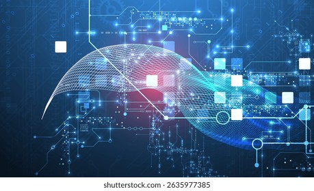 Abstract data background with wireframe wave and circuit lines. Technology concept. Vector