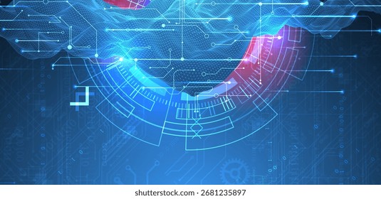 Abstract data background with wireframe wave and circuit lines. Technology concept. Vector