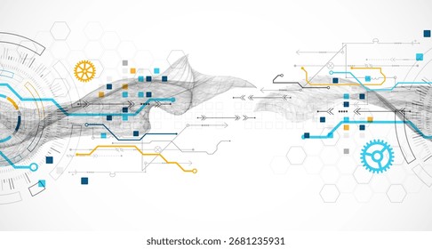 Abstract data background with wireframe wave and circuit lines. Technology concept. Vector