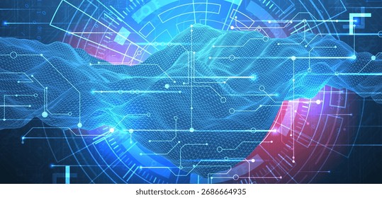 Abstract data background with wireframe wave and circuit lines. Technology concept. Vector