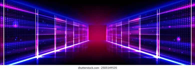 Abstract data center room with bright neon blue and pink light glowing server blocks. Realistic 3d vector illustration of tunnel with digital information and database warehouse super computer.