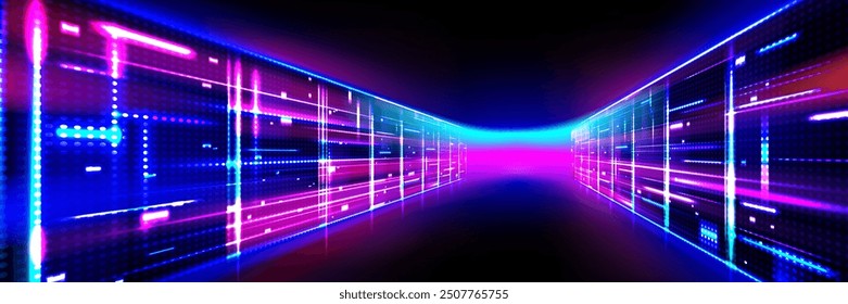 Abstract data center room with bright neon blue and pink light glowing server blocks. Realistic 3d vector illustration of tunnel with digital information and database warehouse super computer.