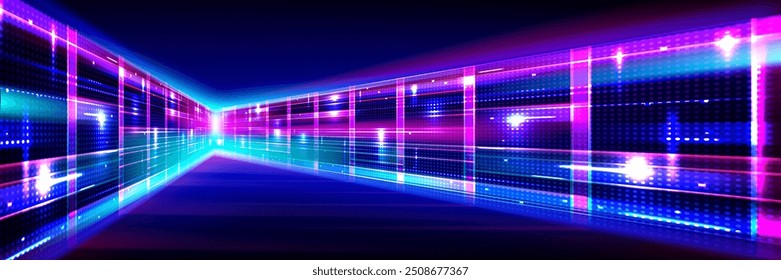 Sala abstrata do data center com blocos brilhantes de servidor azul neon e rosa com brilho. Realista ilustração vetorial 3d de túnel com informações digitais e banco de dados armazém super computador.