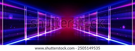 Abstract data center room with bright neon blue and pink light glowing server blocks. Realistic 3d vector illustration of tunnel with digital information and database warehouse super computer.