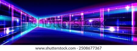 Abstract data center room with bright neon blue and pink light glowing server blocks. Realistic 3d vector illustration of tunnel with digital information and database warehouse super computer.