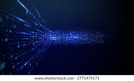Abstract Data Flow concept with glowing neon pixel on technology blue background. Futuristic tech backdrop. AI innovation and Digital. Big data stream. Vector illustration.