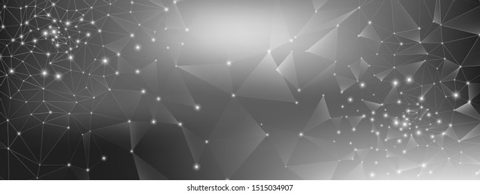 Abstract Data Flow. Gray Science Tech Network. Black Geometric Background. Dark Polygonal Texture. High Big Data Banner. Monochrome Vector Science Flyer. Gray Illustration. Science Visualization.