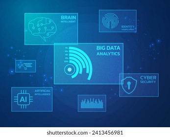 Abstract Data Management Analytics dashboard System digital hologram vector design concept. Dashboard Data working for big data analytics, cyber security, identity verification, brain, Ai technology.