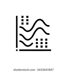 Abstract data representation with wavy lines and square indicators on transparent background