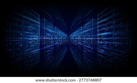 Abstract data server center room with AI cloud internet network, glowing rack systems and digital tech environment, futuristic computer background with flowing data connections and blue light. Vector