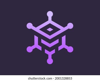 Abstract data stack logo in the form of a hexagon with a dot symbol in each corner, the dot represents a binary symbol that indicates computer technology. A unique and futuristic logo.