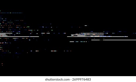 Abstract data stream glitch pixel pattern on black background for digital display distortion concept and technology theme
