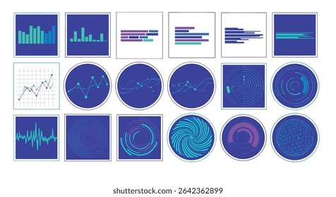 Abstract Data Visualization Art Featuring Bar Graphs Line Graphs and Circle Charts