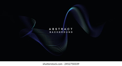 Abstract data visualization, geometric dark blue, orange, green gradient waving lines technology background. Purple, navy blue, red gradient futuristic geometric shiny wave pattern banner background