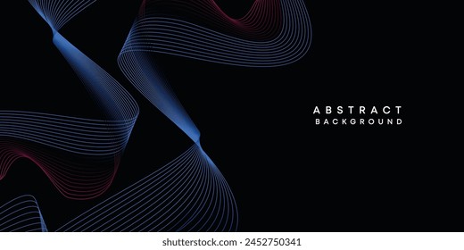 Abstract data visualization, geometric dark blue, orange, green gradient waving lines technology background. Purple, navy blue, red gradient futuristic geometric shiny wave pattern banner background