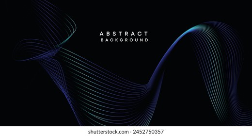 Abstract data visualization, geometric dark blue, orange, green gradient waving lines technology background. Purple, navy blue, red gradient futuristic geometric shiny wave pattern banner background