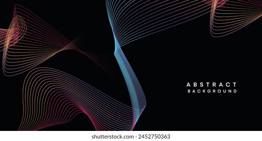 Abstract data visualization, geometric dark blue, orange, green gradient waving lines technology background. Purple, navy blue, red gradient futuristic geometric shiny wave pattern banner background